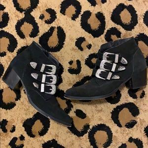 ASOS real suede booties with western buckles